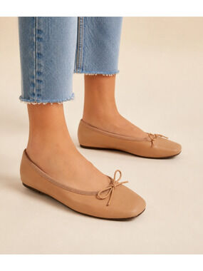 Madewell Anelise Nude Tan Leather Ballet Flats Sz 6.5 Square Toe Bow Balletcore